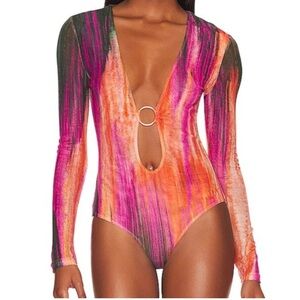 Farai London Revolve Swirl mesh deep v neck top bodysuit pink & green | Small